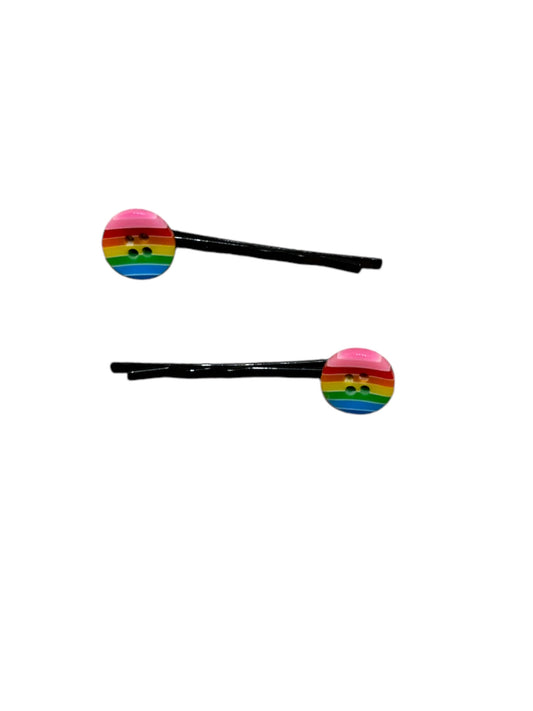 Rainbow stripe button hair grips