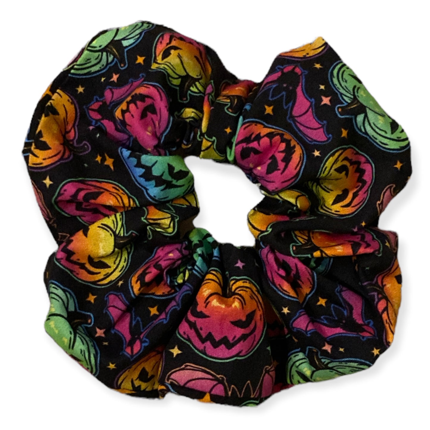 Neon pumpkin and bat scrunchies